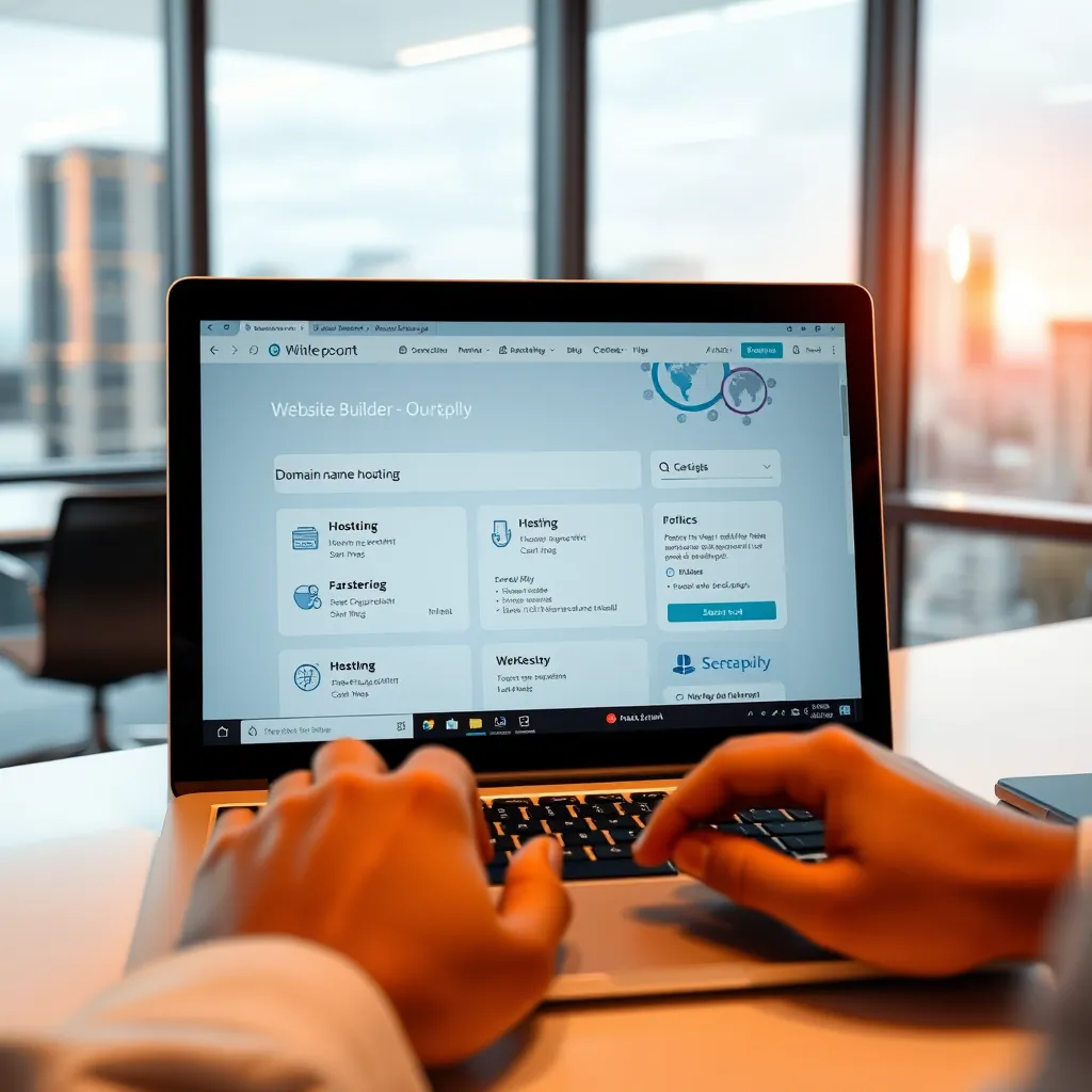 A person typing on a laptop, with a website builder interface open on the screen, showing options for domain name registration and hosting plans. The background is a modern office setting, with a cityscape view through the window.