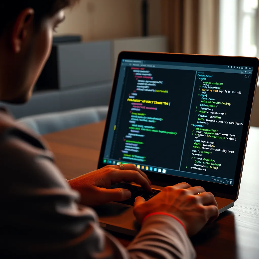 A photorealistic image of a developer using a command line interface on a laptop to commit changes to a website project using Git, with the code displayed on the screen and a terminal window showing Git commands.