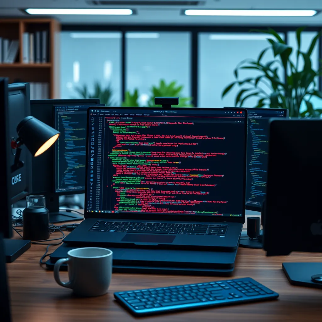 A photorealistic image of a programmer's workspace with a laptop screen displaying colorful code in a code editor, surrounded by multiple monitors, a coffee mug, and a desk lamp. The background should be a modern office with a bookshelf and plants.