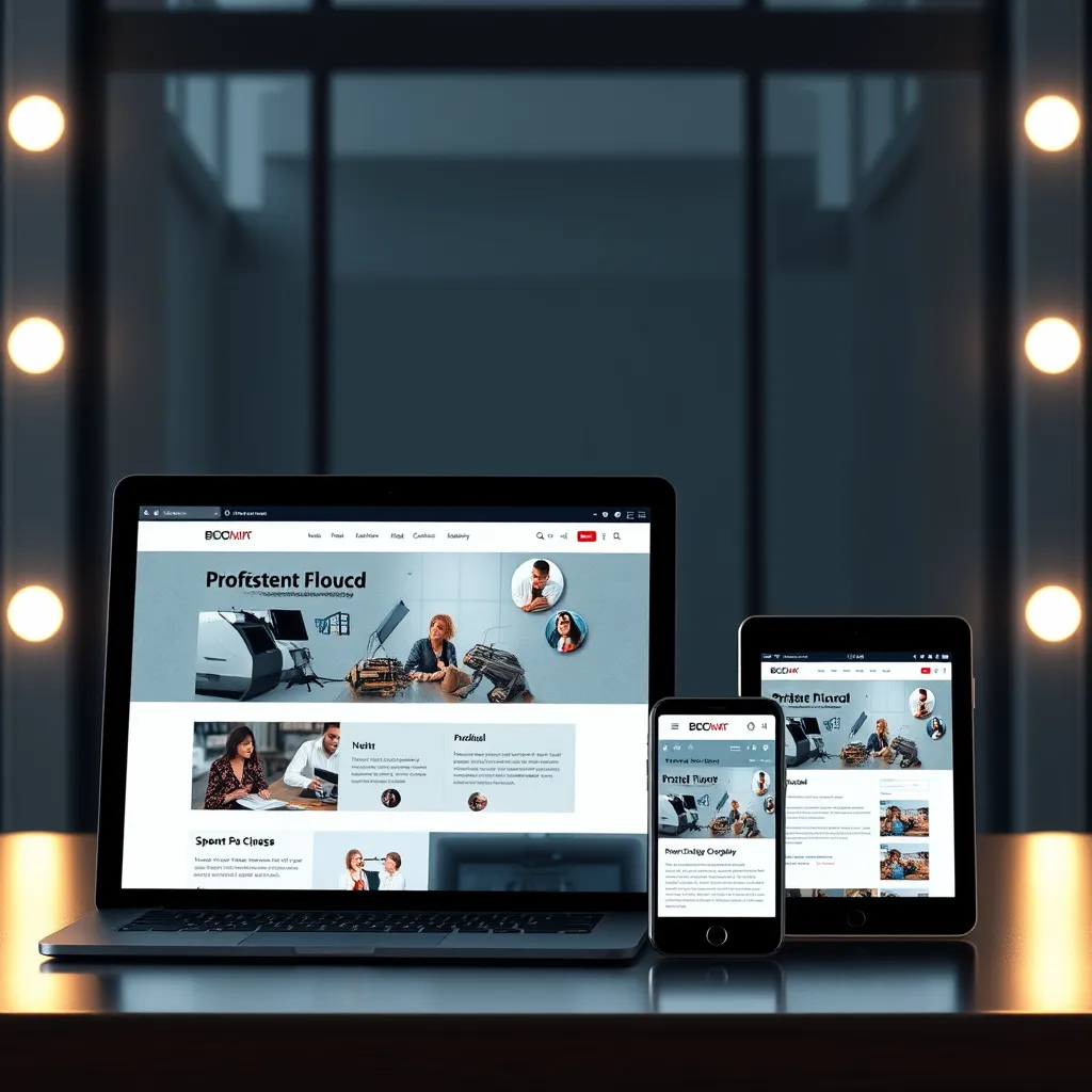 A photorealistic image of a website displayed on multiple devices simultaneously, including a desktop computer, a tablet, and a smartphone, showcasing how the website layout and content seamlessly adjust to different screen sizes.