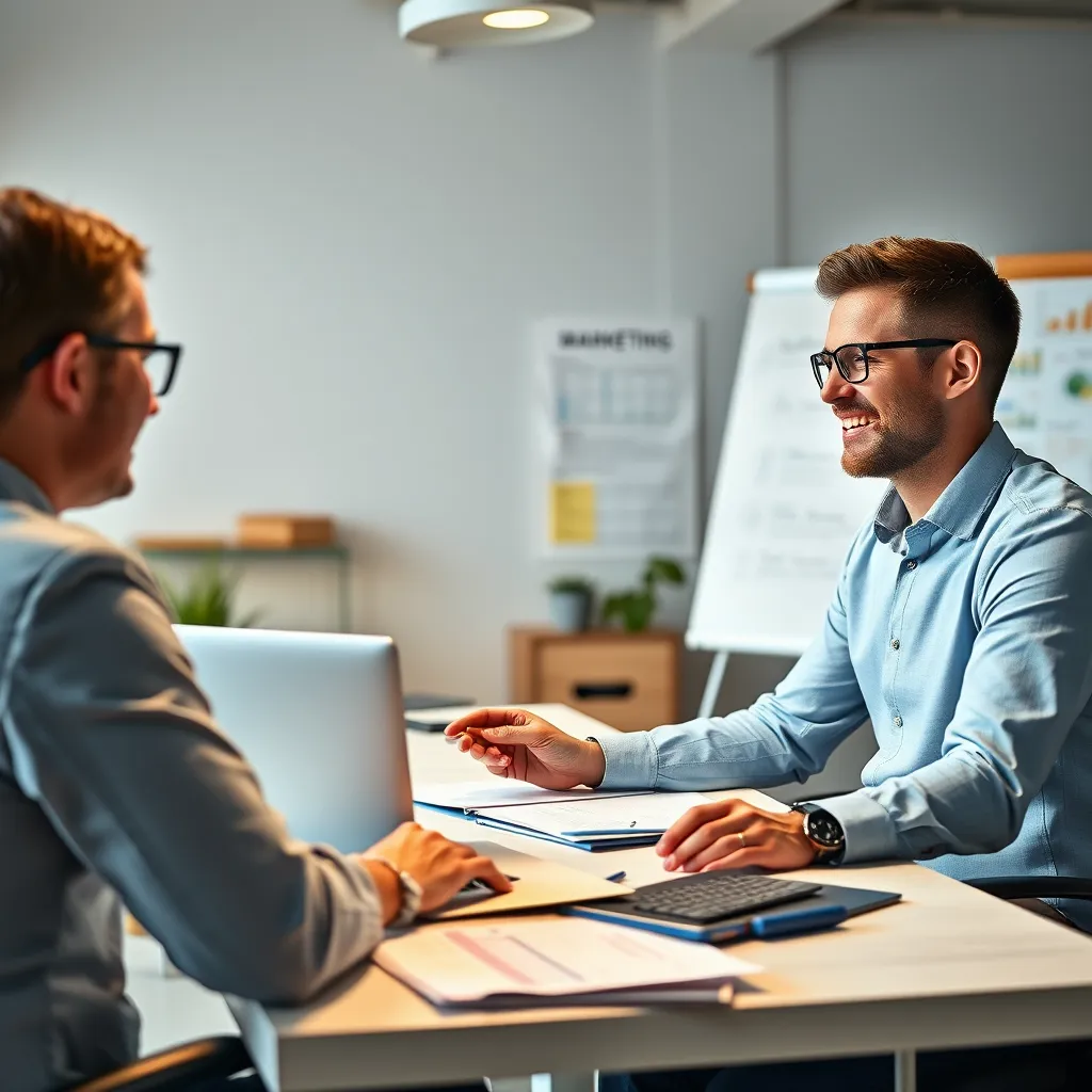 A professional, friendly web consultant is sitting at a desk with a laptop open, discussing business ideas with a small business owner. They are surrounded by papers, charts, and a whiteboard with notes about marketing strategies. The scene is bright and well-lit, conveying a sense of collaboration and trust.