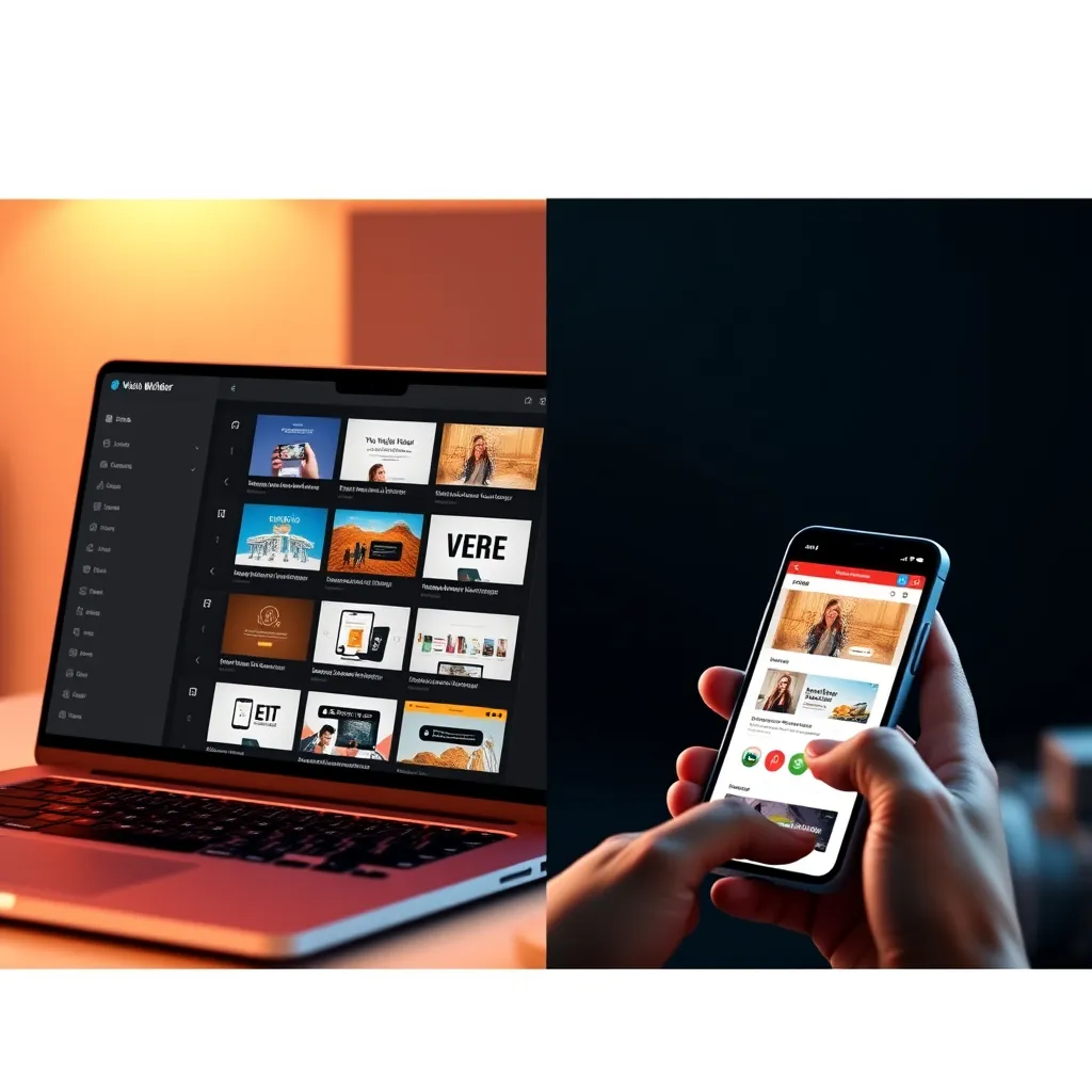 A split-screen image. One side shows a laptop displaying a website builder interface with different templates and options. The other side shows a person holding a smartphone and accessing a website on a mobile browser. The website design should be visually appealing and responsive.