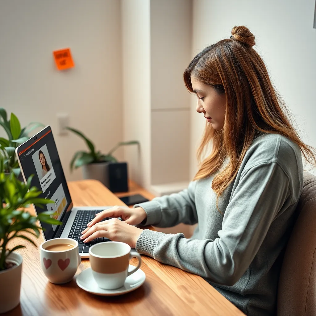 A young woman working on a laptop, surrounded by coffee cups, sticky notes, and a plant, while a virtual assistant on the screen helps her optimize her website's content. The scene is cozy and comfortable, reflecting the ongoing support and maintenance provided by a local web consultant.