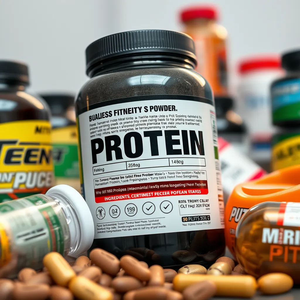A close-up shot of a bottle of high-quality protein powder with a label highlighting its key ingredients, certifications, and purity testing information, surrounded by other fitness supplements.