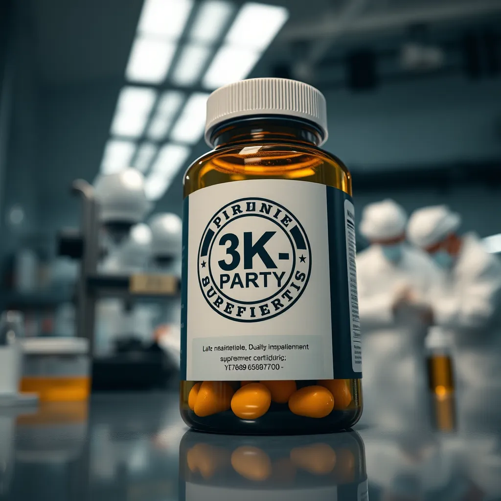 A close-up shot of a supplement bottle with a label displaying a third-party certification seal. The background features a laboratory setting with scientists working on quality control tests.