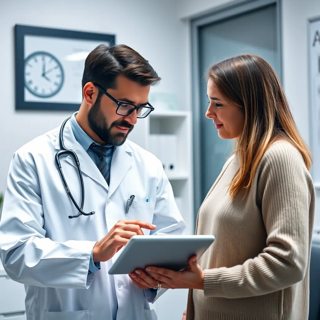 A doctor and a patient having a conversation in a doctor's office. The doctor is pointing to a list of supplements on a digital tablet, while the patient listens attentively.