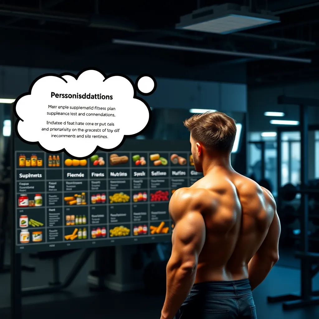 A person standing in a gym, looking at a chart of different types of supplements, with a thought bubble above their head showing a personalized fitness plan and nutrition recommendations.
