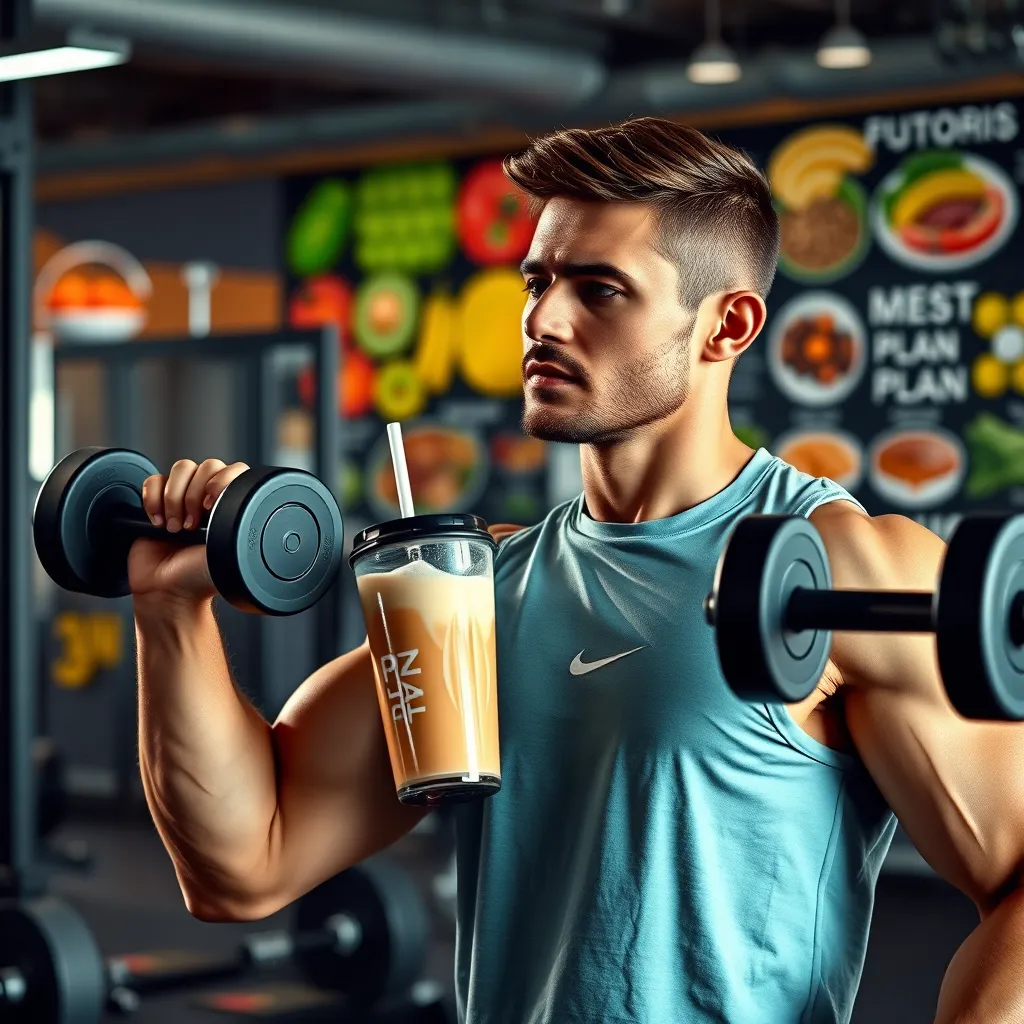 A person working out in a gym, lifting weights, while consuming a protein shake, with a vibrant background showing healthy food options and a fitness plan, emphasizing a balanced approach to fitness.