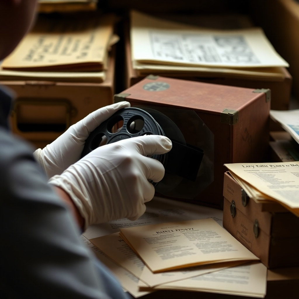 A photorealistic image depicting a person carefully examining film reels or reviewing footage from Darryl Edric Pugh, Sr.'s archive.  The image should include elements suggestive of preservation and historical significance—gloves, archive boxes, historical documents.  The color palette should be slightly muted, conveying a sense of reverence and care for these materials.