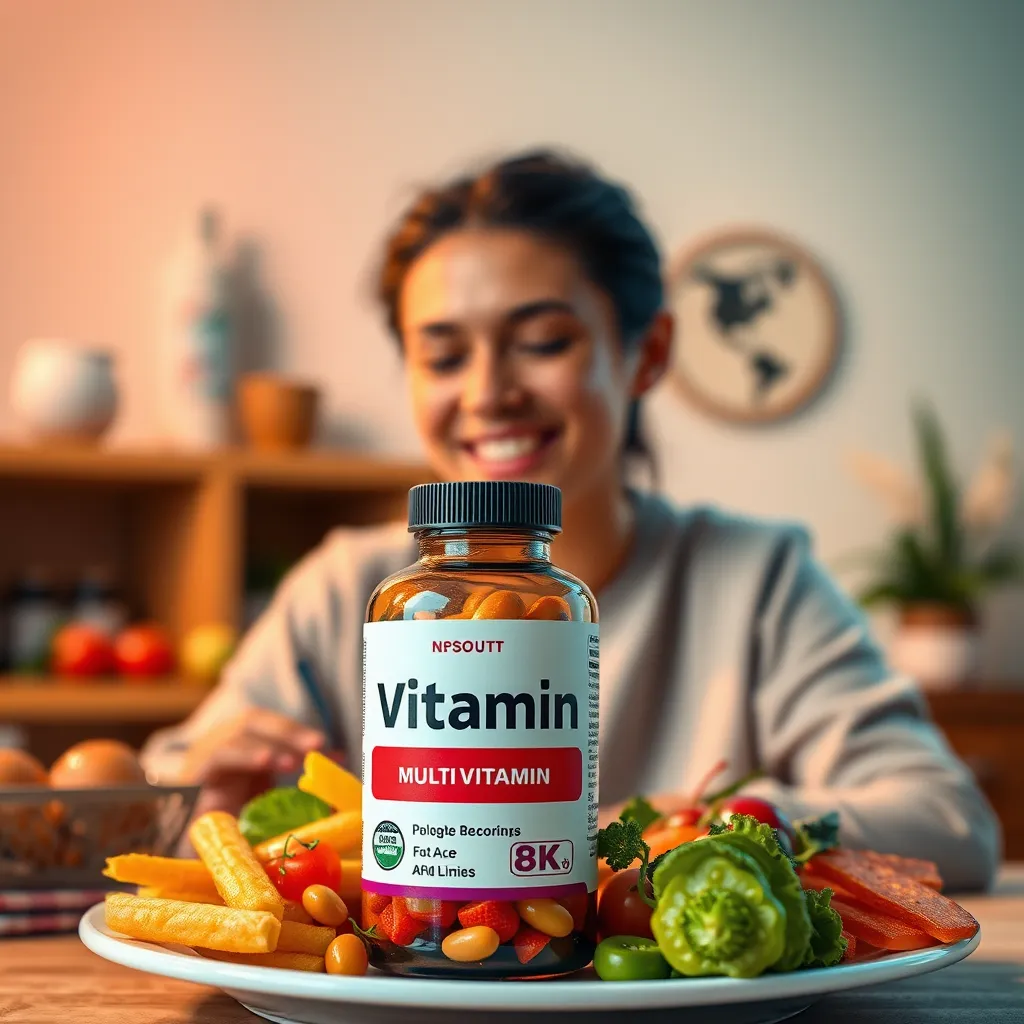 A photorealistic image depicting a person with a plate of healthy food with a multivitamin bottle in the foreground, symbolizing the idea of supplementing a balanced diet. The image should be vibrant and engaging, with a warm and inviting color palette.  The person should be smiling and looking at the multivitamin bottle, conveying a sense of well-being and healthy living. 