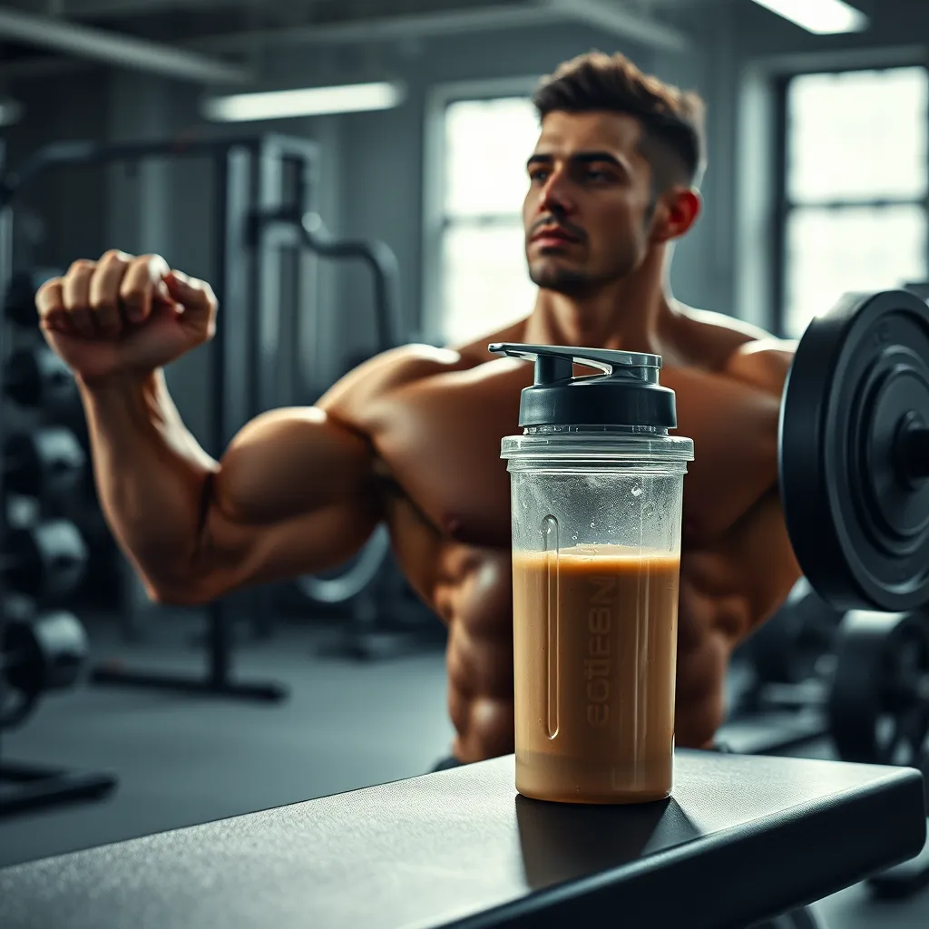 A photorealistic image depicting a strong, athletic person lifting weights in a gym with a protein powder shaker bottle on a bench in the background, highlighting the role of supplements in supporting athletic endeavors. The image should be dynamic and energetic, showcasing the power and strength of the individual. The lighting should be bright and dramatic, emphasizing the muscles of the athlete and the sleekness of the shaker bottle. 