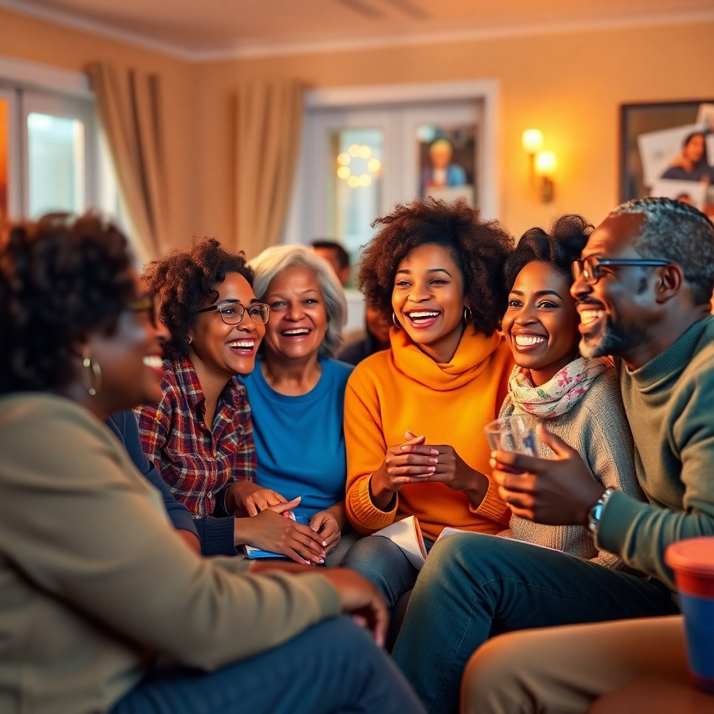 A photorealistic image of a diverse community group, smiling warmly and engaged in a lively discussion, watching a movie together in a warm and welcoming setting. The overall style should be inviting and communal. The palette should be bright and festive, with a focus on warmth and happiness.