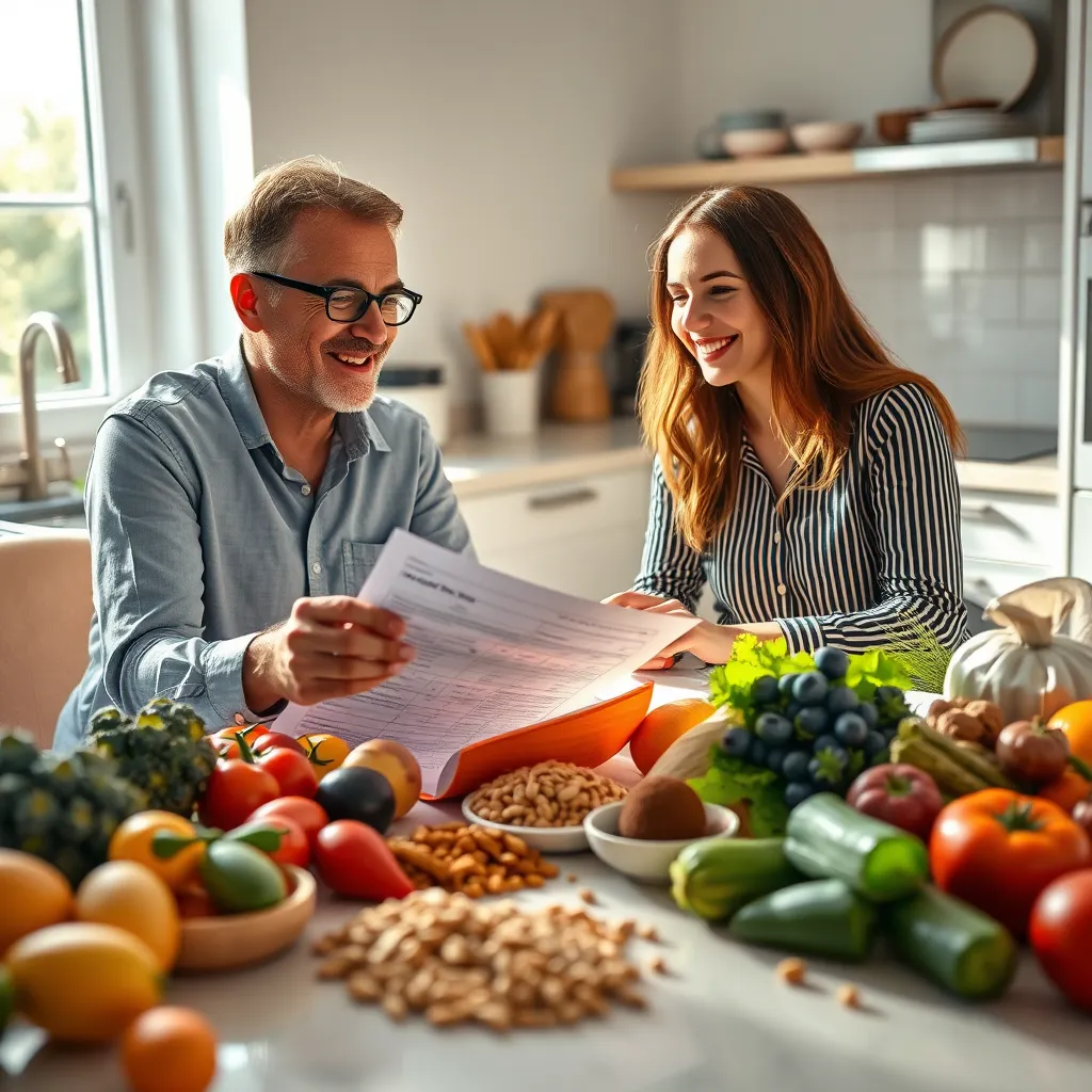 A photorealistic image of a nutritionist sitting at a table with a client, discussing a meal plan. The setting is a bright and airy kitchen, with sunlight streaming in through a window. The nutritionist is friendly and approachable, while the client is engaged and enthusiastic. The table is covered with a colorful array of fresh fruits, vegetables, and whole grains, representing a healthy and balanced diet. The image should capture the warmth and intimacy of a one-on-one consultation, with the nutritionist's expertise evident in the detail of the meal plan. Render this image in ultra-high resolution, emphasizing the texture of the food, the details of the meal plan, and the expressions on the faces of the nutritionist and client.  Focus on capturing the vibrant colors of the fruits and vegetables, the subtle variations in texture, and the glossy finish of the table surface. Include subtle reflections in the kitchen's appliances, adding depth and realism to the scene. The image should be framed from a slightly low angle, creating a sense of intimacy and connection between the nutritionist and client. The overall color palette should be warm and inviting, reflecting the positive atmosphere of the consultation. 