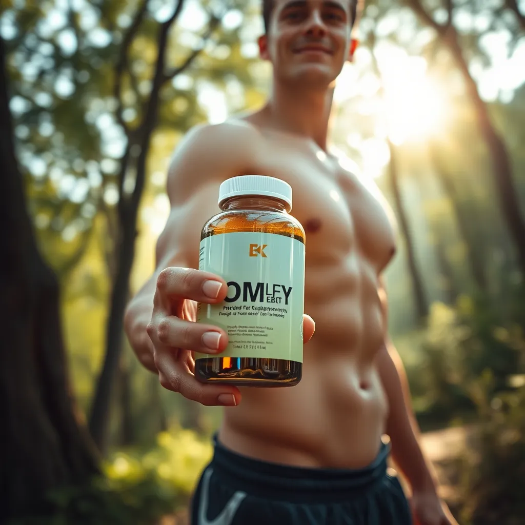 A photorealistic image of a person holding a bottle of supplements, standing in a serene natural environment. The image should feature a calming color palette, with soft sunlight filtering through the trees, creating a sense of tranquility. The person should be dressed in comfortable workout attire, showcasing a healthy and fit physique. The bottle of supplements should be prominently displayed, with a clear label and an inviting design. The image should convey a sense of natural wellness and the power of supplements to enhance fitness goals. Render this image in 8K resolution, emphasizing the realistic details of the supplements, the person's physique, and the natural environment. Focus on capturing the vibrant colors of the supplements, the intricate details of the bottle's design, and the textures of the person's clothing and the surrounding nature. Include subtle reflections in the bottle, adding depth and realism to the composition. The image should be framed from a dynamic, slightly angled perspective, capturing a sense of movement and energy. The overall mood should be one of serenity and confidence, reflecting the positive impact of supplements on the person's fitness journey. 