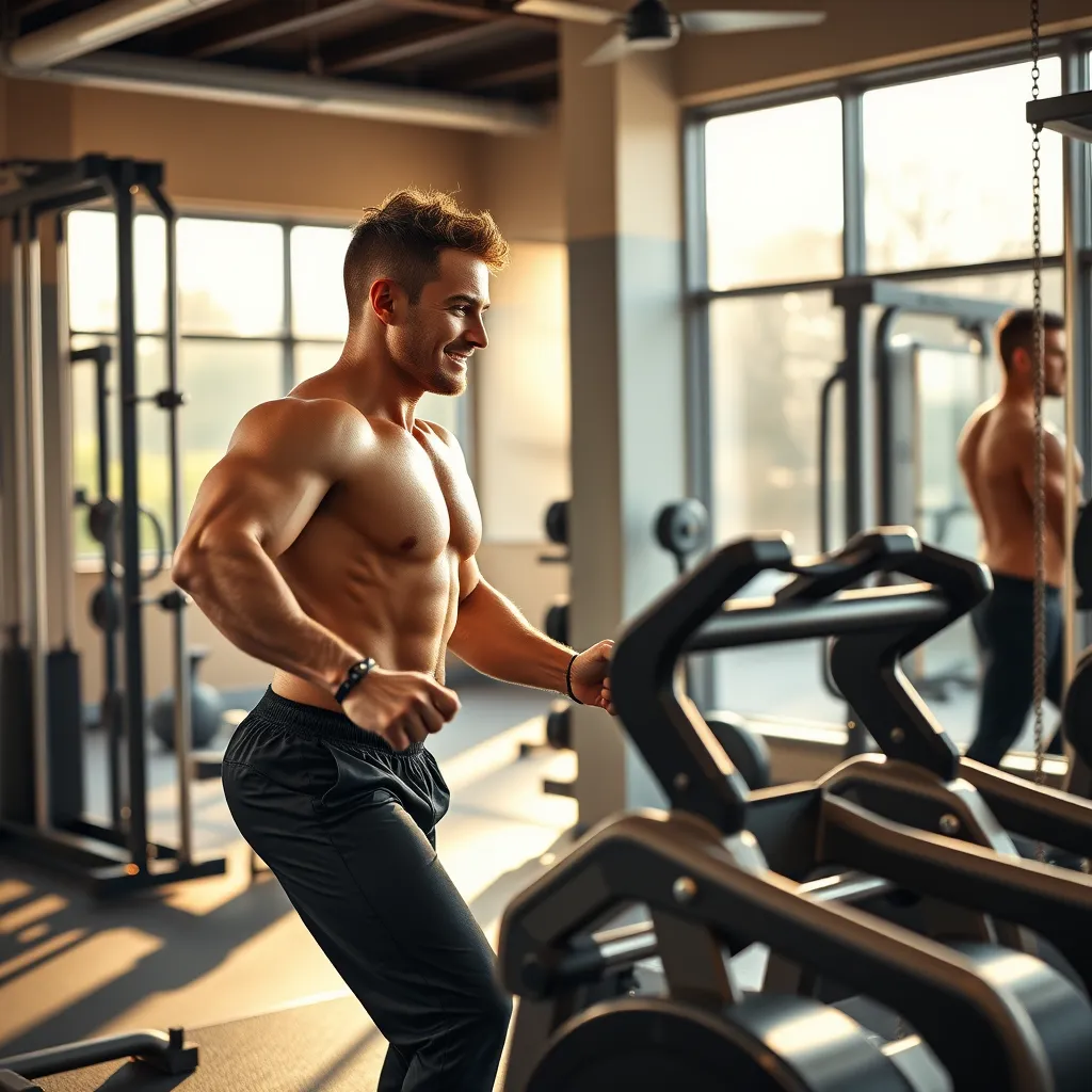 A photorealistic image of a personal trainer working with a client in a modern gym. The image should feature a warm, inviting atmosphere with natural light streaming in through large windows. The client should be engaged in a challenging workout, showcasing proper form and technique. The trainer should be motivating and encouraging, with a friendly smile. The image should capture the energy and excitement of a personalized fitness program. Render this image in 8K resolution with hyperrealistic detail, emphasizing the intricate details of the gym equipment, the client's musculature, and the trainer's expression.  Focus on capturing the natural textures of the materials used, such as the smooth metal of the gym equipment, the textured rubber flooring, and the client's clothing. Include subtle reflections in the gym's mirrors, adding depth and realism to the composition. The image should be framed from a slightly elevated perspective, allowing viewers to feel immersed in the scene. The overall color palette should be vibrant and energetic, reflecting the positive atmosphere of the gym. 