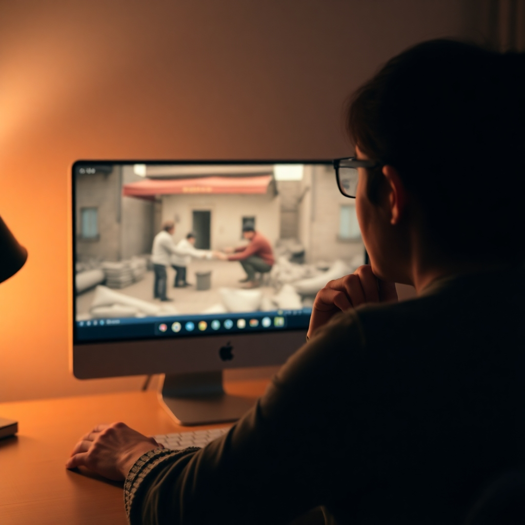 A photorealistic image of a person thoughtfully watching a historical video through a computer screen, with a warm, inviting atmosphere. The overall style should be minimalist, focusing on the emotional connection between the viewer and the content. The palette should be warm and inviting, with a focus on subtle hues.