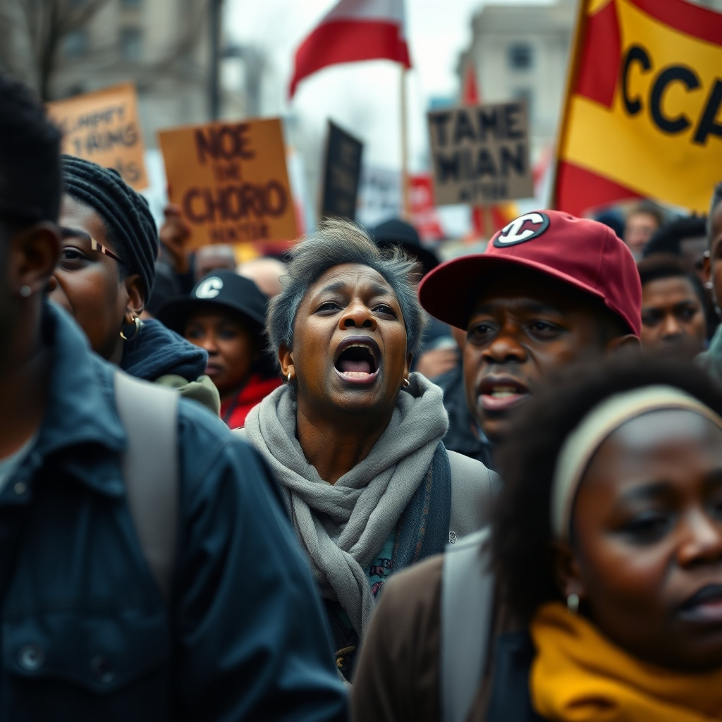 A photorealistic image of a protest or march from one of Darryl Edric Pugh, Sr.'s films, capturing the energy and spirit of the event. The image should emphasize the faces and expressions of the participants, conveying the emotion of the time period. The colors could be more saturated and vibrant.