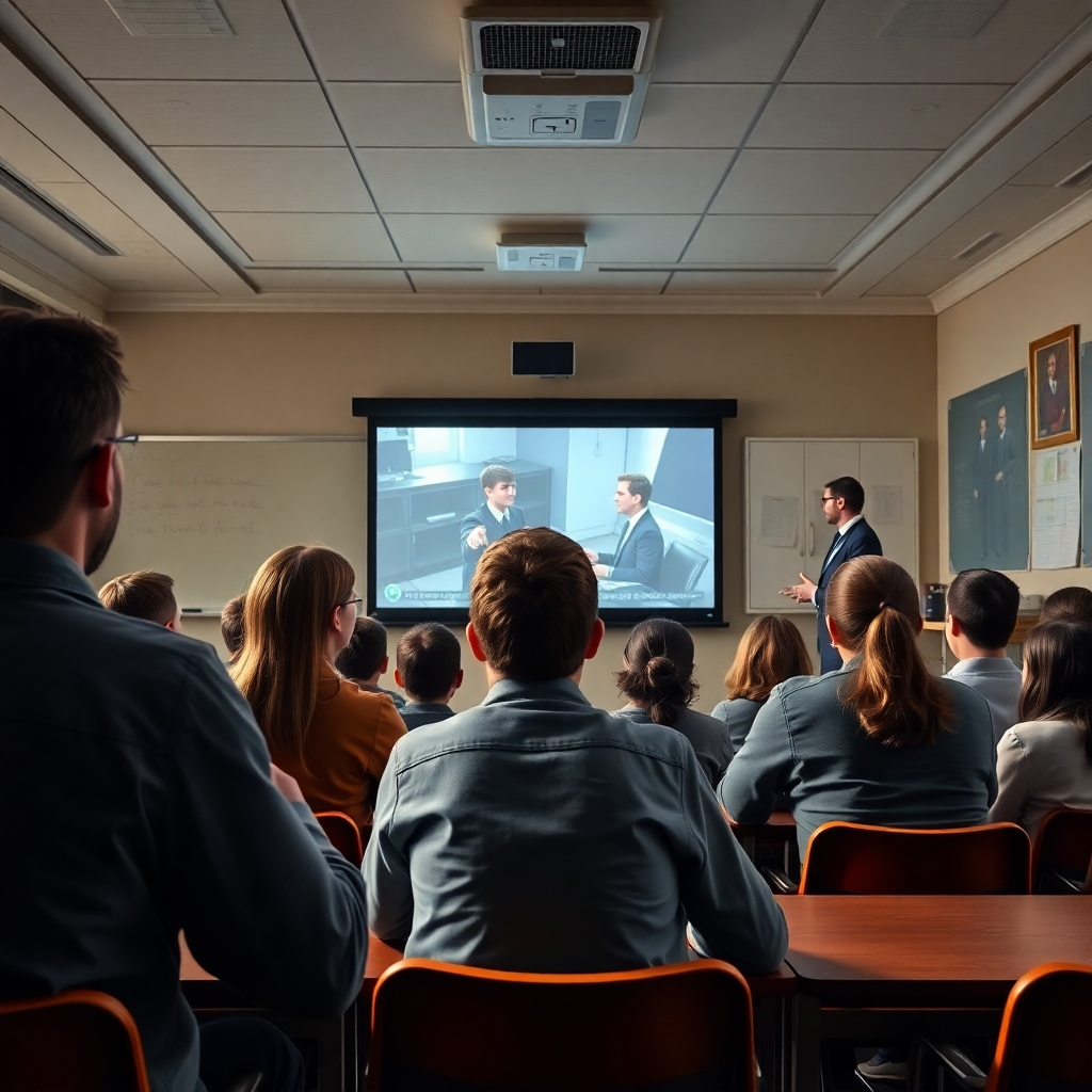 A photorealistic image of students attentively watching a movie on a projector in a classroom, with the teacher guiding them. The overall style should be classic and professional. The palette should be warm and inviting, with a focus on learning and engagement.