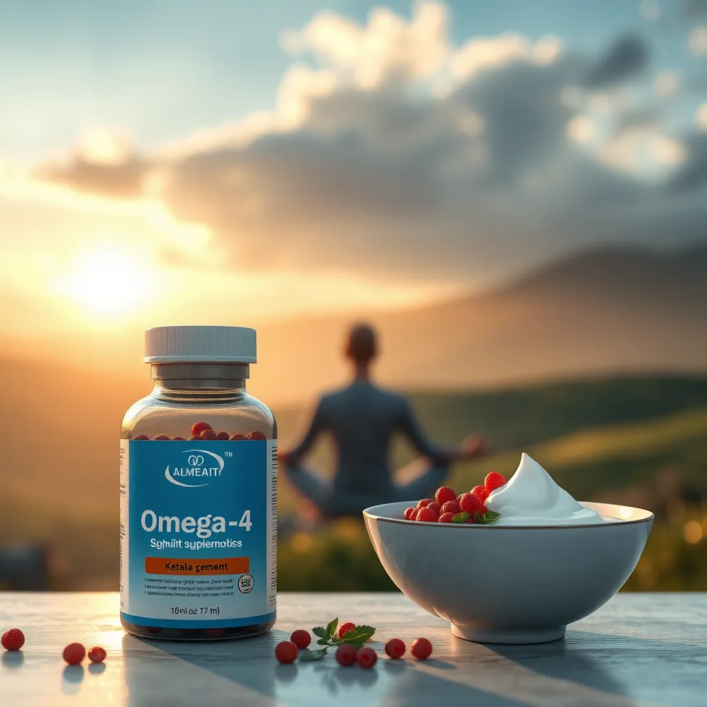 A photorealistic image showing a serene landscape with a person meditating, symbolizing the connection between health and well-being. The image should be calming and peaceful, with soft lighting and a tranquil atmosphere.  A bottle of omega-3 supplements and a bowl of yogurt with probiotics should be placed subtly in the foreground, representing the role of these supplements in promoting overall health. 