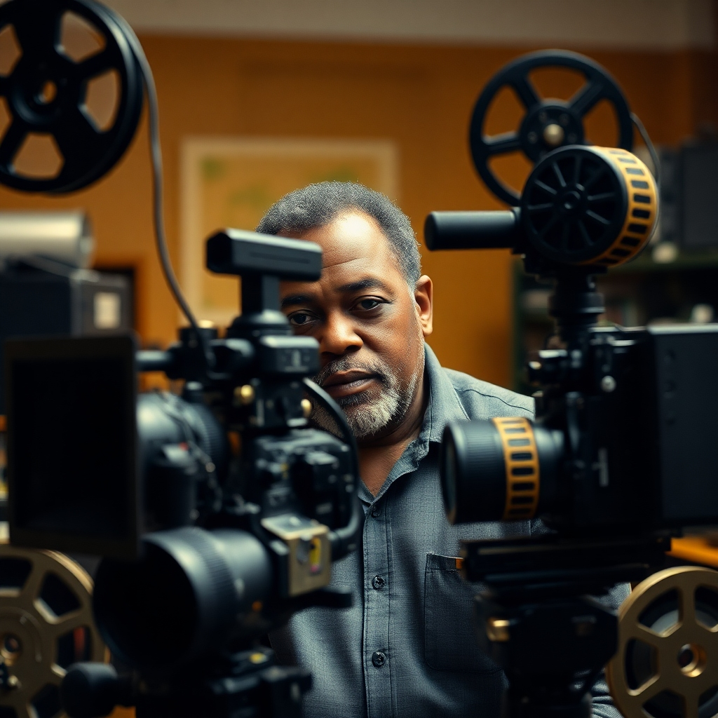 A photorealistic image showing Darryl Edric Pugh, Sr., behind a film camera, possibly on a set or in an editing suite, surrounded by film reels and other filmmaking equipment. The background should be slightly blurred, focusing attention on Pugh, Sr. Use warm lighting and a neutral color palette. The image should have a cinematic feel, suggestive of the stories he has captured over the years.