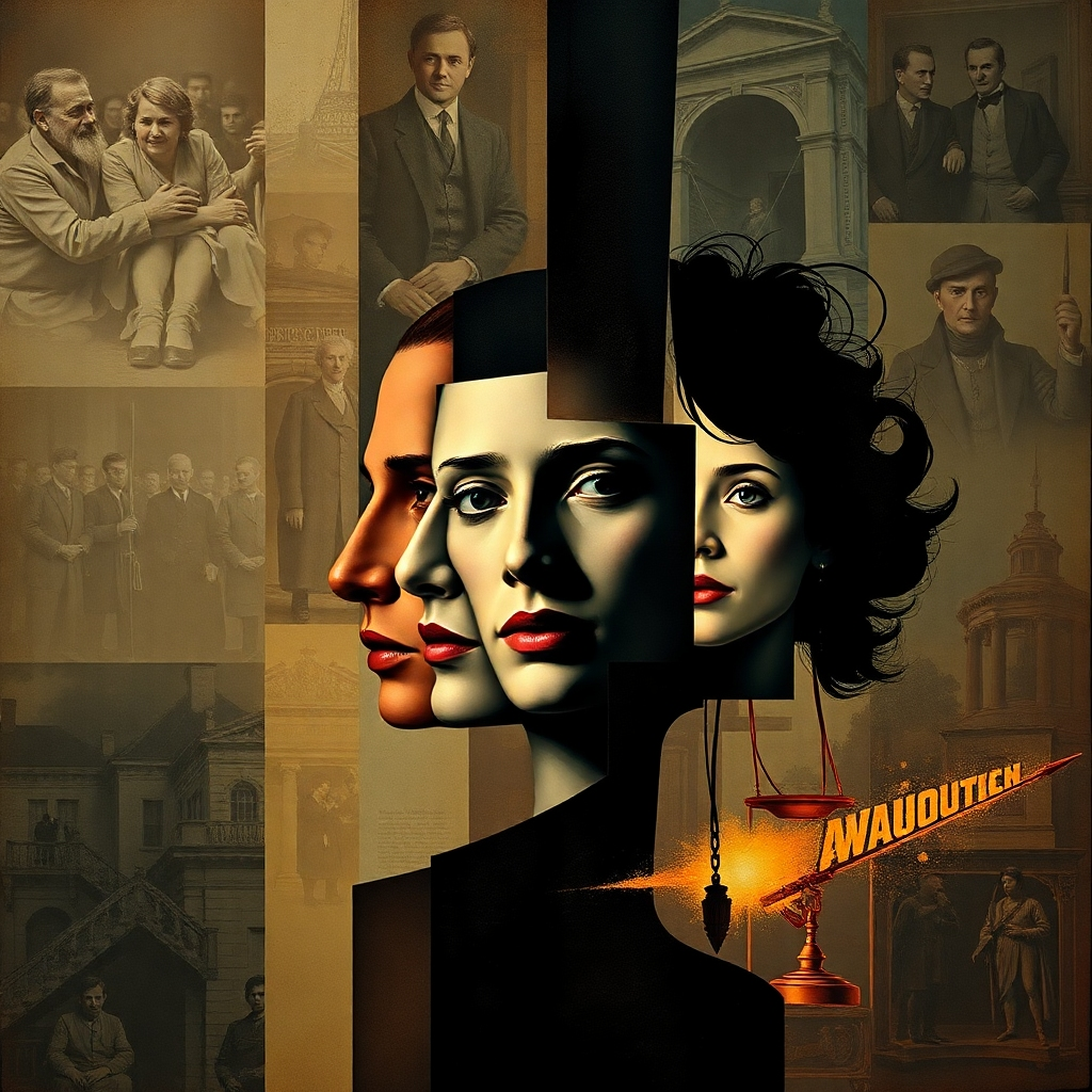 A stylized image of a series of fragmented images gradually coming together to form a complete picture. The background should include faint images of various historical settings and events.  The style should reference cubism and surrealism. The color palette should include dark and mysterious tones with pops of color representing hope and resilience.