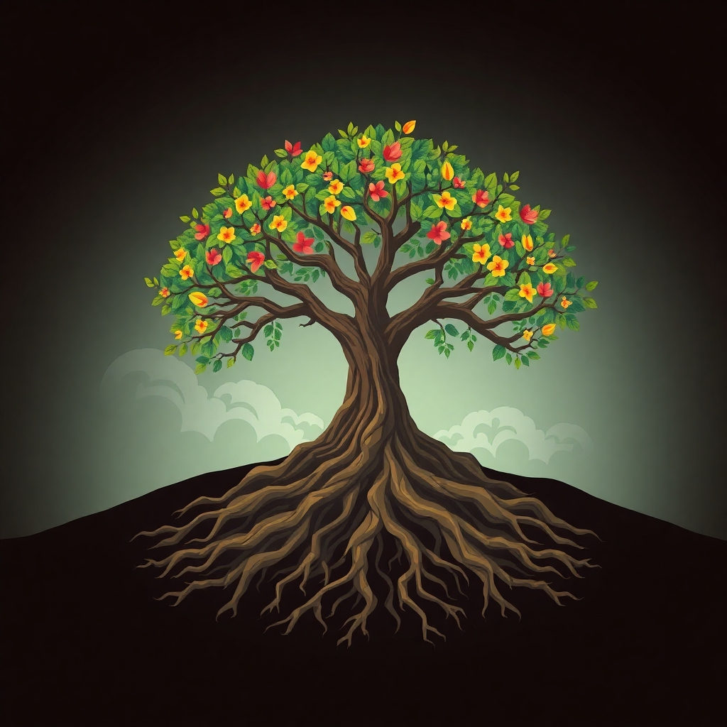 A stylized image representing a tree with strong roots spreading its branches out into the future. The roots should symbolize the history, and the branches the future.  The tree should be visually stunning.  The style should blend realism and symbolism. The color palette is earthy, with vibrant colors blooming from the leaves.