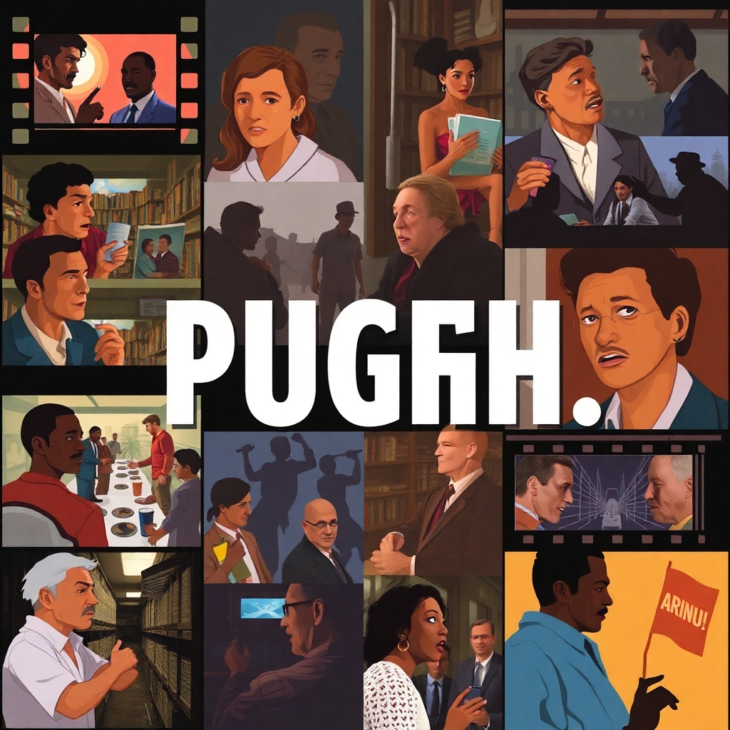 A stylized image representing various scenes or moments from different films by Darryl Edric Pugh, Sr.  These snippets of films can be stylized or realistic, but should convey various emotions and historical contexts. Use vibrant and varied colors to showcase the range of stories his films tell. The image could have a collage-like effect, conveying his diverse work.
