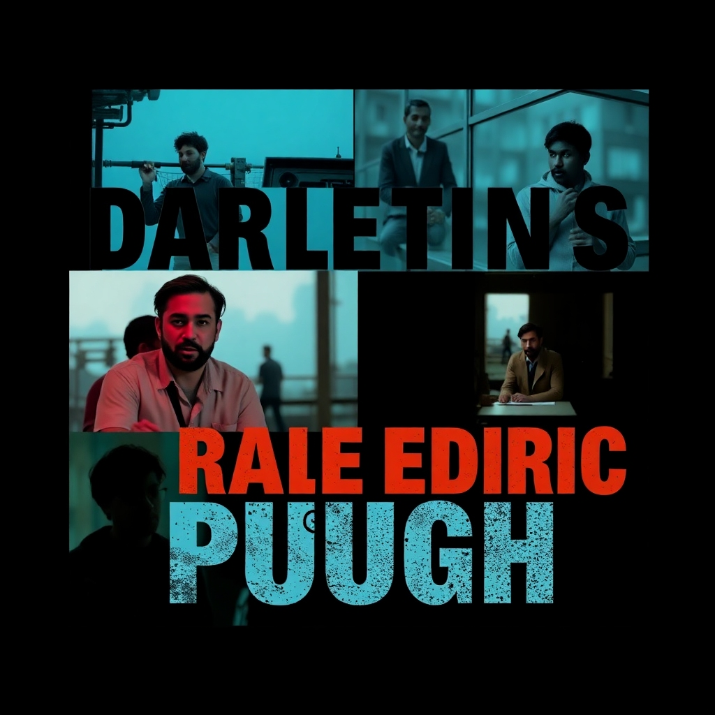 A stylized image using a combination of film stills and graphic elements to showcase the powerful narratives within Darryl Edric Pugh, Sr.'s work. The image should utilize a strong color palette with contrasting colors that attract attention, and use various typography to create visual interest and enhance the message.