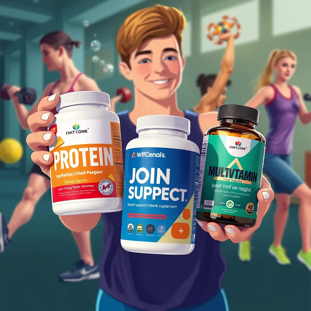 A vibrant, modern illustration of a person holding a bottle of protein powder, a joint support supplement, and a multivitamin, all labeled clearly. The background shows various athletic activities, highlighting the different needs supplements can address.