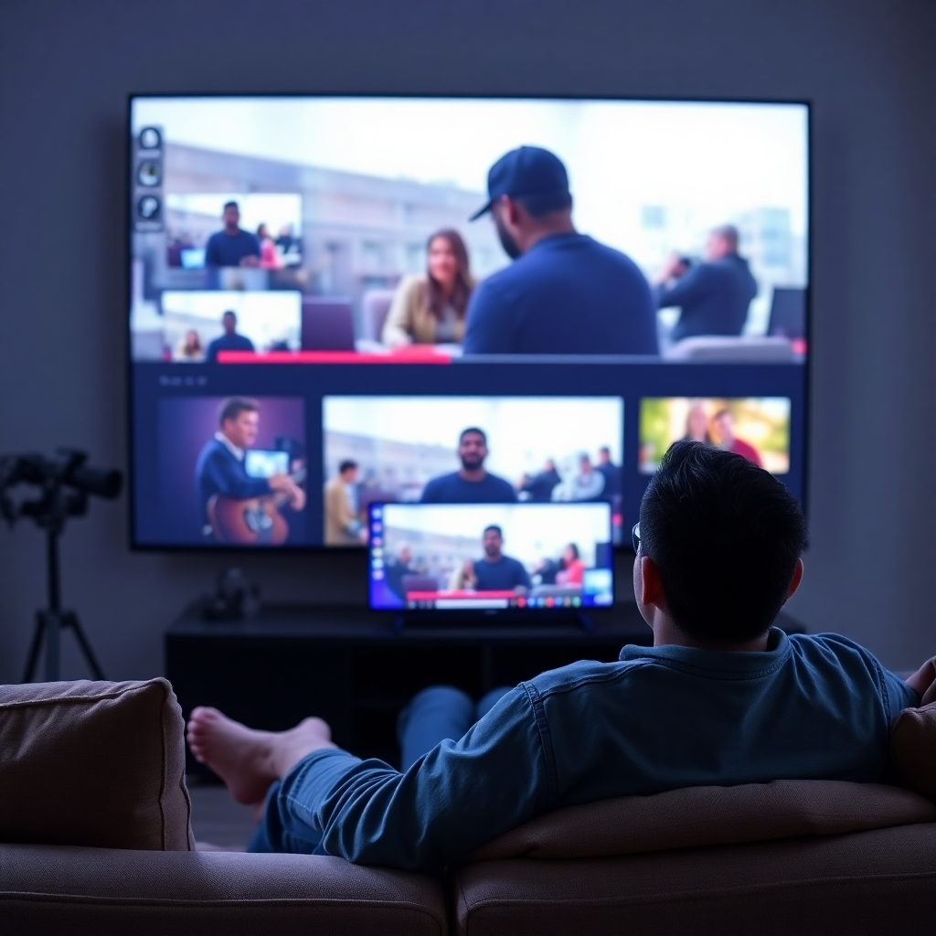 An image showing a person comfortably watching a live stream on a large screen or multiple devices. The background could subtly include scenes from Darryl Edric Pugh, Sr.'s films. The overall look should be welcoming and inviting.