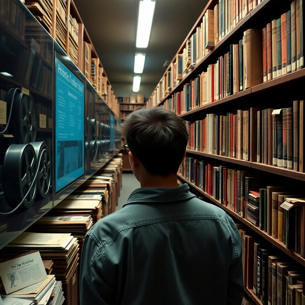 An image that showcases a person navigating a digital archive. Include rows of film reels, library shelves, and relevant historical documents to show the scale and depth of the archive.