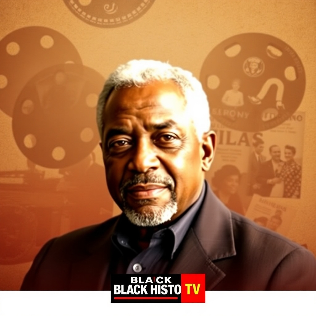 Create a high-quality 4K image for the 'About Us' section of Black History TV. The image should showcase a stylized portrait of Darryl Edric Pugh, Sr., possibly superimposed or combined with symbolic imagery representing his body of work—perhaps film reels, key scenes from his films, or significant historical events he's documented. Use a warm color palette to reflect a sense of legacy and accomplishment. The lighting should be soft and flattering, focused on Darryl Edric Pugh, Sr., with other elements in the background slightly softer.  The image should incorporate subtle textures, such as the grain of film stock or the texture of aged paper.  A slightly desaturated color palette could add a nostalgic feel, referencing the passage of time. Use a medium shot or a close-up to allow for expressive detail.  This image aims to convey a sense of respect, historical significance, and personal connection.