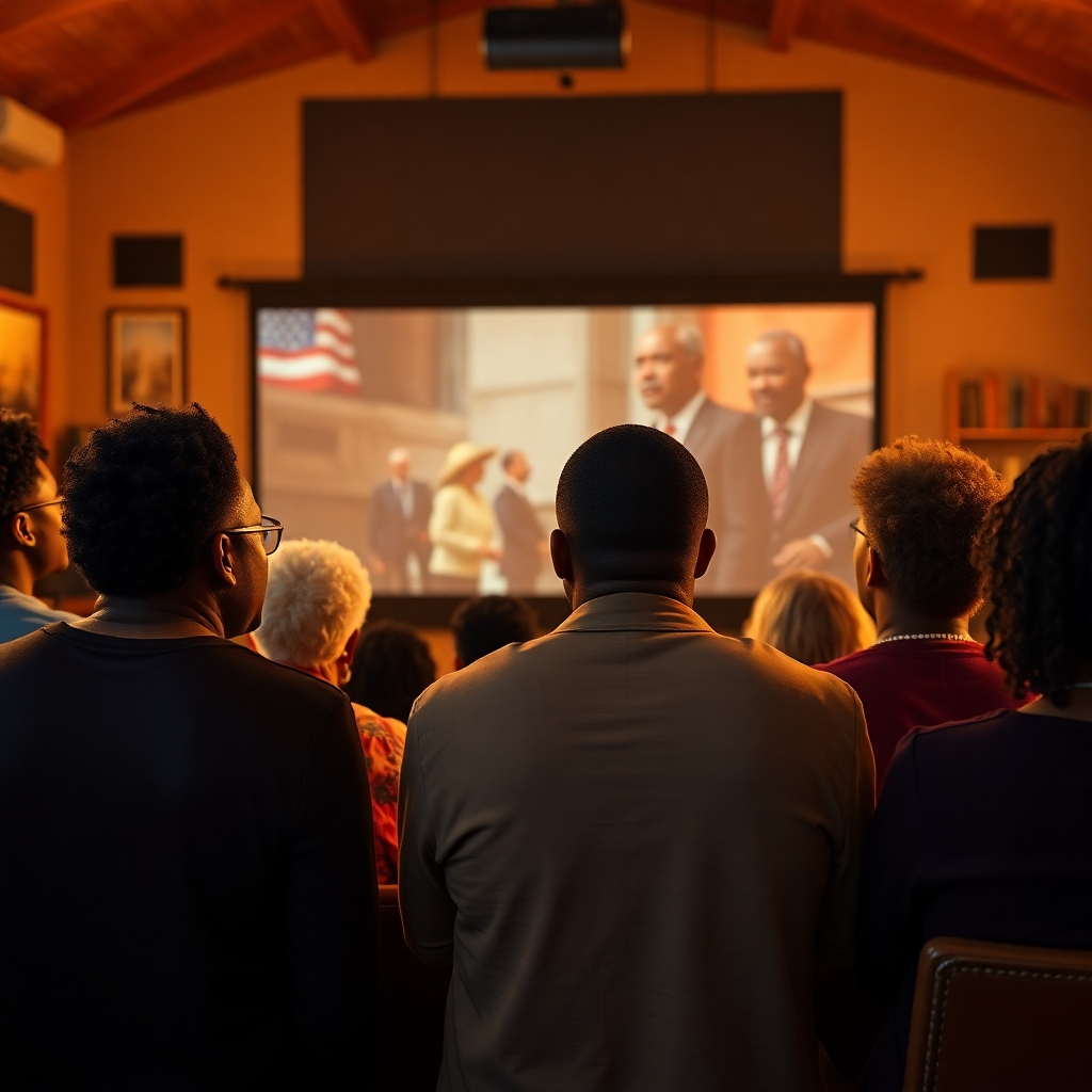 Create a photorealistic, ultra-high-quality 8K resolution image for the hero section of Black History TV.  The image should be hyperrealistic, showcasing a diverse group of people of different ages and backgrounds, deeply engrossed in watching a film projected onto a large screen. The film's imagery should subtly hint at key moments in modern Black history. The scene should be lit with warm, inviting light, creating a feeling of community and shared experience. The color palette should be rich and vibrant, with warm tones dominating.  The camera angle should be slightly elevated, looking down upon the viewers, emphasizing their engagement.  Texture details should be highly realistic, capturing the texture of the fabric of clothing, the grain of the wood used for the screen framing, and the subtle reflections on the faces of the audience. The environment should feel like a cozy, intimate screening room or community center. There should be some subtle, relevant props in the background, such as old film reels, books about Black history, or movie posters. The overall style should evoke a sense of nostalgia and celebration. The scene must communicate excitement, contemplation, and respect, representing the impact of Darryl Edric Pugh, Sr.'s work.