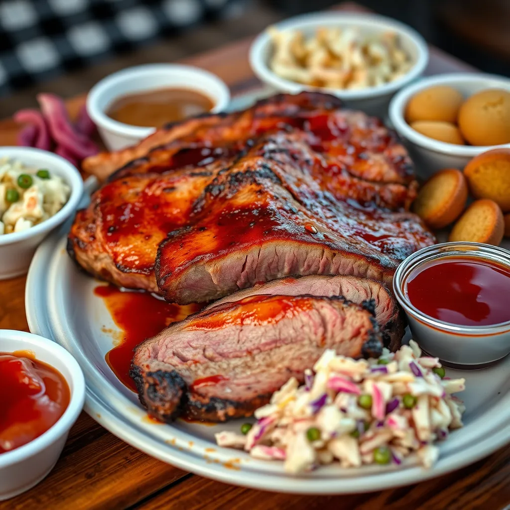 A beautifully arranged platter of smoked brisket with a golden-brown crust, paired with tangy barbecue sauce. Surround it with colorful side dishes like coleslaw in white bowls and cornbread muffins, set against a picnic table backdrop.