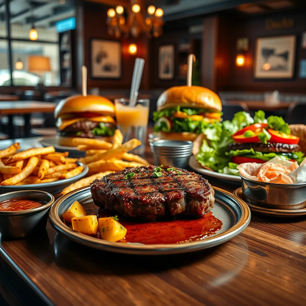 A beautifully arranged table featuring an assortment of Western dishes including a perfectly cooked steak with sides of sautéed vegetables, a gourmet cheeseburger with crispy fries, and a fresh garden salad, set in a cozy restaurant with warm lighting.