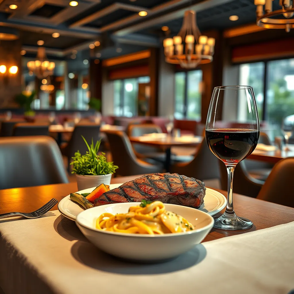 A beautifully arranged table set in a stylish Kluang restaurant featuring a juicy steak with grilled vegetables, creamy pasta in a sauce, and a glass of red wine. The ambiance should be warm, with soft lighting and an elegant decor that reflects a Western dining theme.
