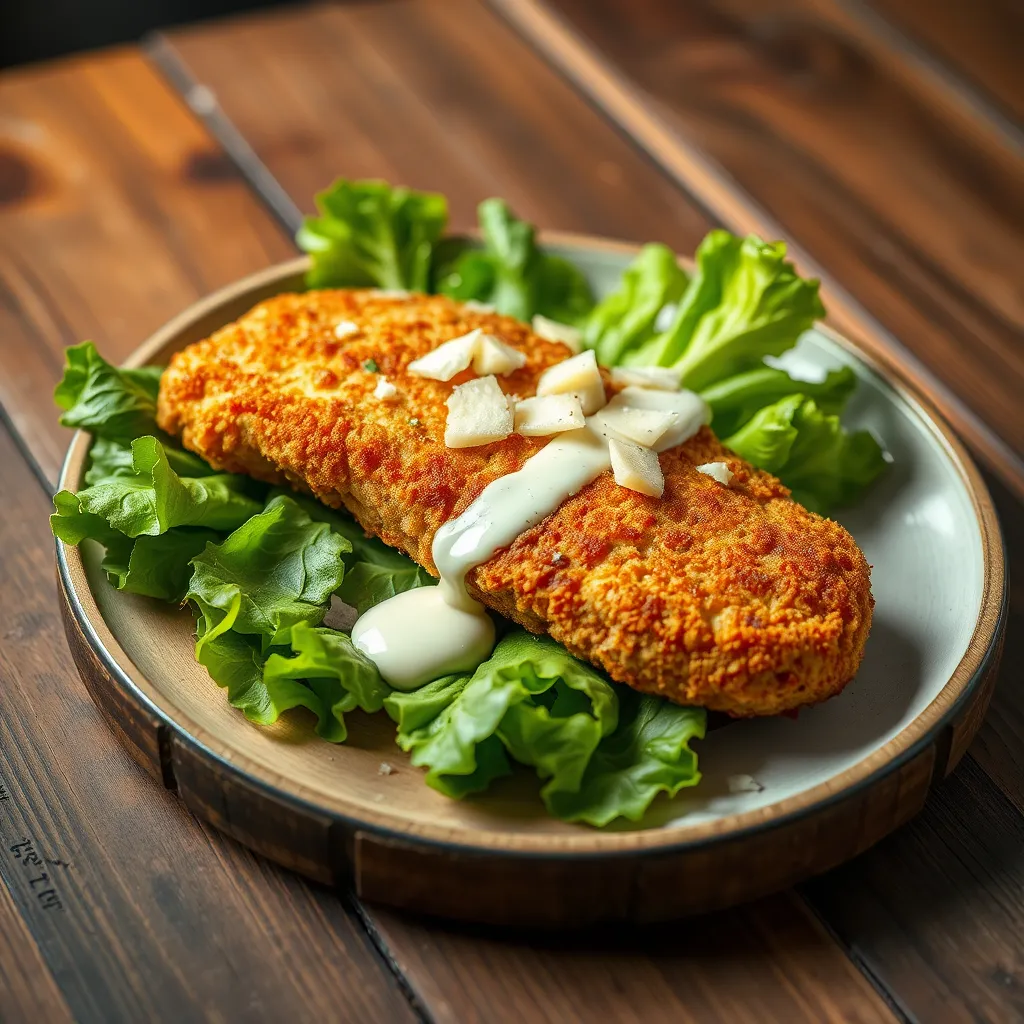 A beautifully plated Crispy Chicken Caesar Cutlet, showcasing a golden-brown crispy chicken cutlet on a bed of vibrant green romaine lettuce, drizzled with creamy Caesar dressing, and topped with shavings of Parmesan cheese, all set on a rustic wooden table.