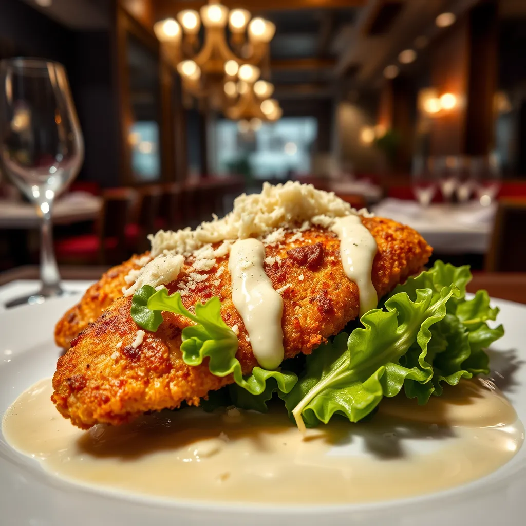 A beautifully plated dish featuring crispy chicken cutlets, garnished with fresh romaine lettuce, grated Parmesan cheese, and a drizzle of creamy Caesar dressing, set against an elegant restaurant backdrop with soft ambient lighting.