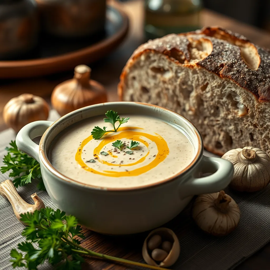 A beautifully presented bowl of creamy mushroom soup topped with a sprinkle of parsley and a drizzle of olive oil. Surround the bowl with fresh mushrooms, garlic cloves, and a rustic bread loaf, set on a cozy dining table with a warm atmosphere.