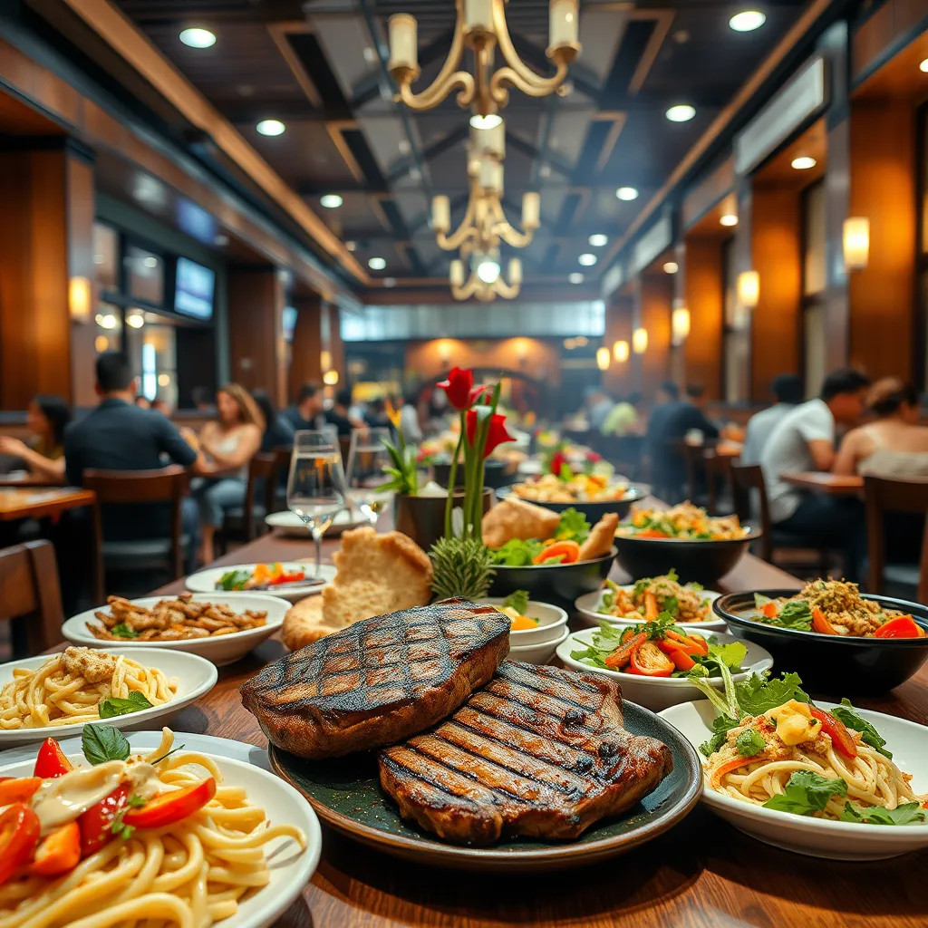 A bustling restaurant in Kluang showcasing a beautifully arranged table with an array of authentic Western dishes including a perfectly grilled steak, creamy fettuccine alfredo, and colorful gourmet salads, with patrons enjoying their meals in a lively atmosphere.