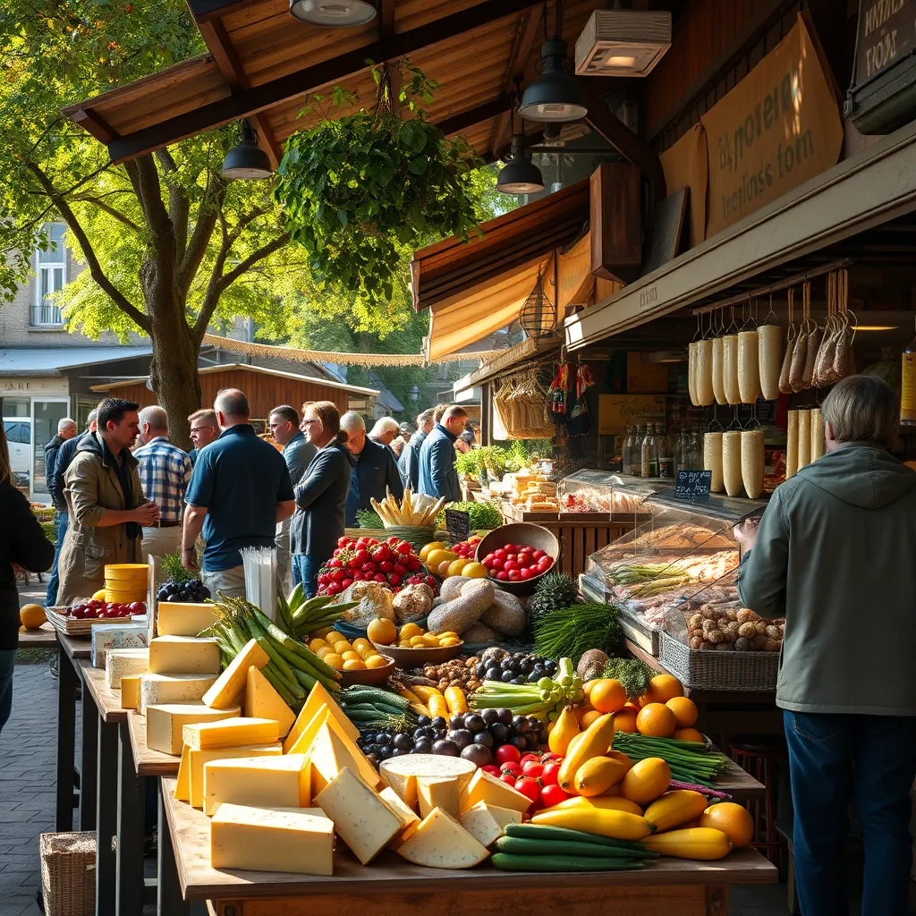 A captivating scene of a traditional European market with fresh produce, cheese, and meats displayed. Include elements like rustic wooden tables, sun-dappled light filtering through trees, and diverse people interacting with vendors, evoking a rich culinary heritage.