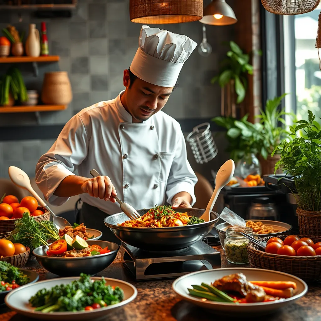 A chef in a Kluang restaurant skillfully preparing a gourmet Western meal using fresh local ingredients, with vibrant colors of vegetables and herbs displayed around, emphasizing a blend of Western cooking techniques and regional produce.