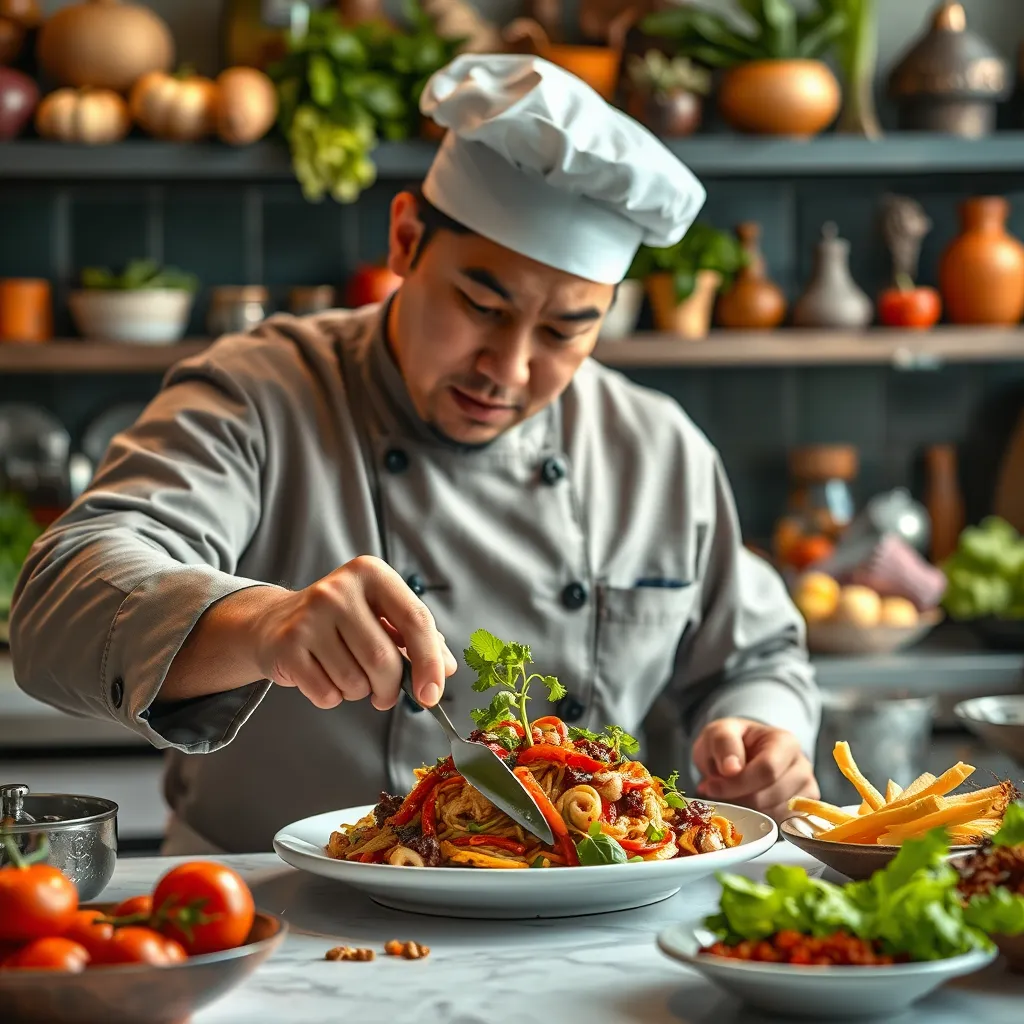 A chef preparing a signature Western dish that incorporates local ingredients, with a vibrant kitchen background filled with fresh produce and spices, highlighting a fusion of Western and local cooking styles.