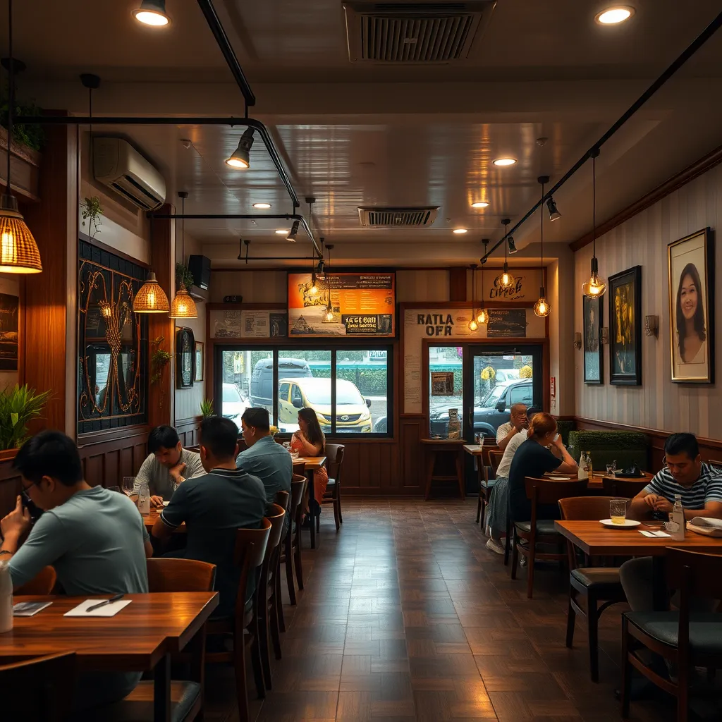 A cozy Western food restaurant interior in Kluang, decorated with wooden furnishings and warm lighting, featuring an inviting dining space with patrons enjoying meals, surrounded by subtle decor elements like plants and art on the walls.