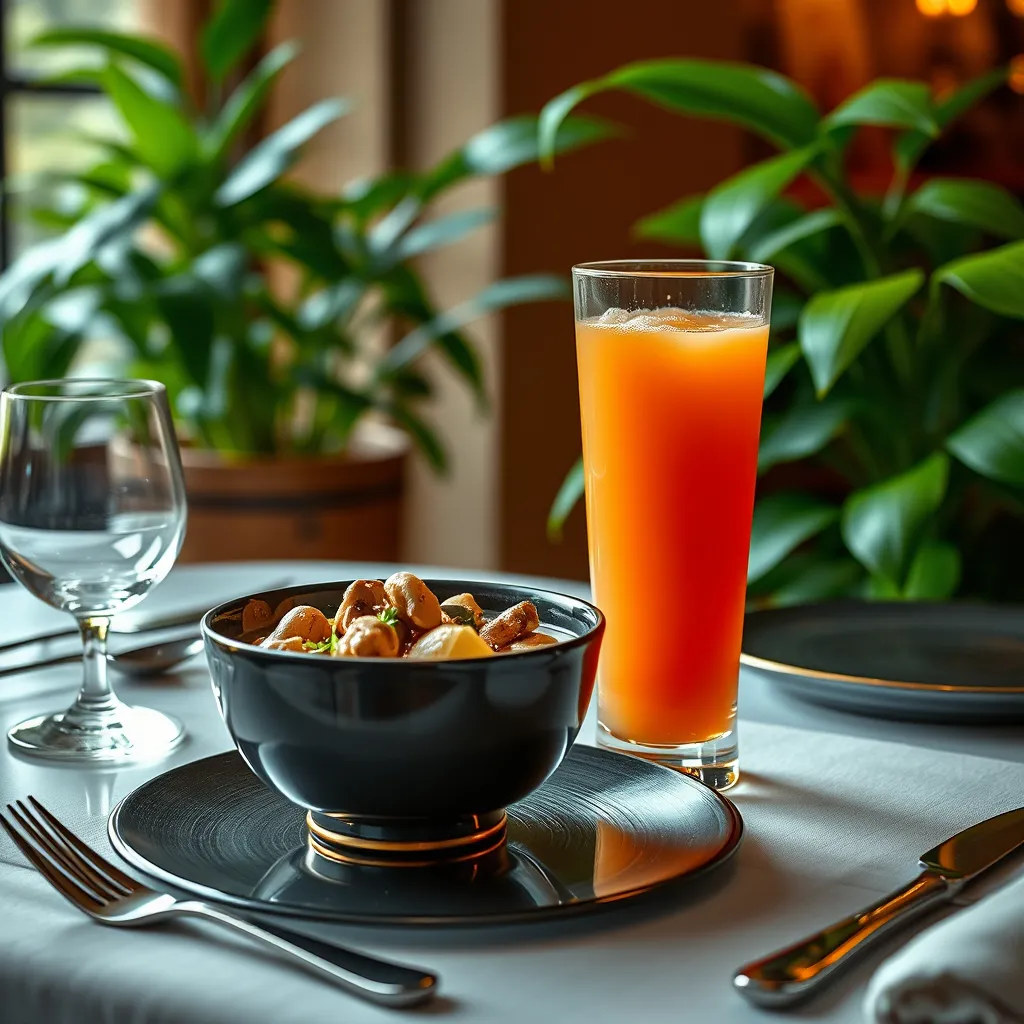 A high-quality image showing a dining setup with a bowl of mushroom soup on one side and a tall, refreshing glass of fresh juice on the other. Include a beautifully set table with elegant tableware, soft lighting, and leafy green plants in the background for a cozy ambiance.