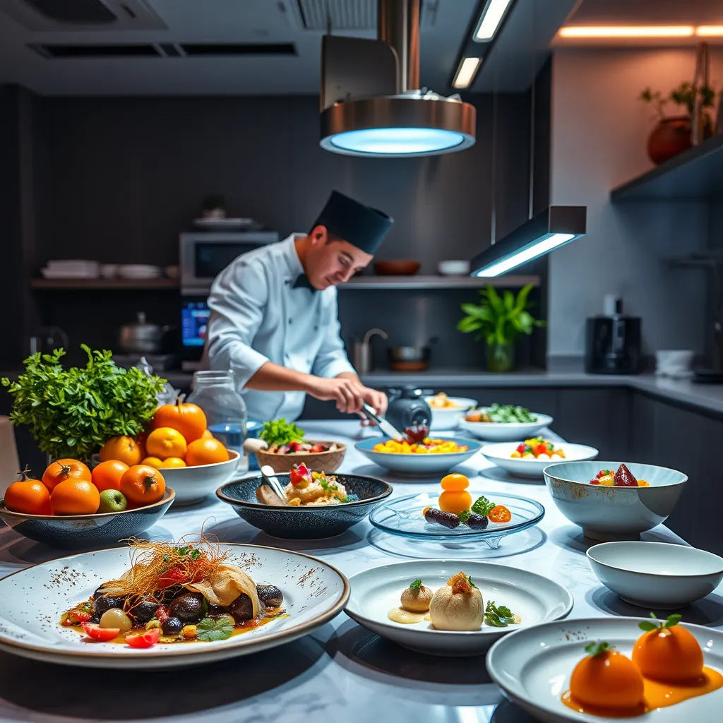 A modern kitchen scene featuring a chef in action, using sous-vide equipment, surrounded by vibrant, colorful ingredients. The table displays avant-garde dishes like foams, gels, and artfully plated gourmet food items, highlighting innovative culinary techniques.