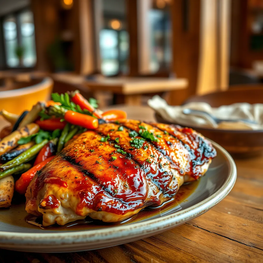 A photorealistic image of a beautifully plated grilled chicken breast, garnished with fresh herbs, beside a vibrant mix of roasted vegetables on a rustic wooden table. The chicken glistens with a rich, caramelized glaze reflecting soft diffused lighting, enhancing its juicy texture. The color palette incorporates warm browns and greens, suggesting a comforting, inviting atmosphere. The camera captures this at a slightly elevated angle, allowing the viewer to appreciate the intricate details of the dish. The background features a softly blurred view of the restaurant interior, with wooden accents and natural decor elements, adding to the ambiance. This image should be ultra-detailed and in 8K resolution, evoking a homey and flavorful dining experience, in the style of food photography expert Dan Perez.