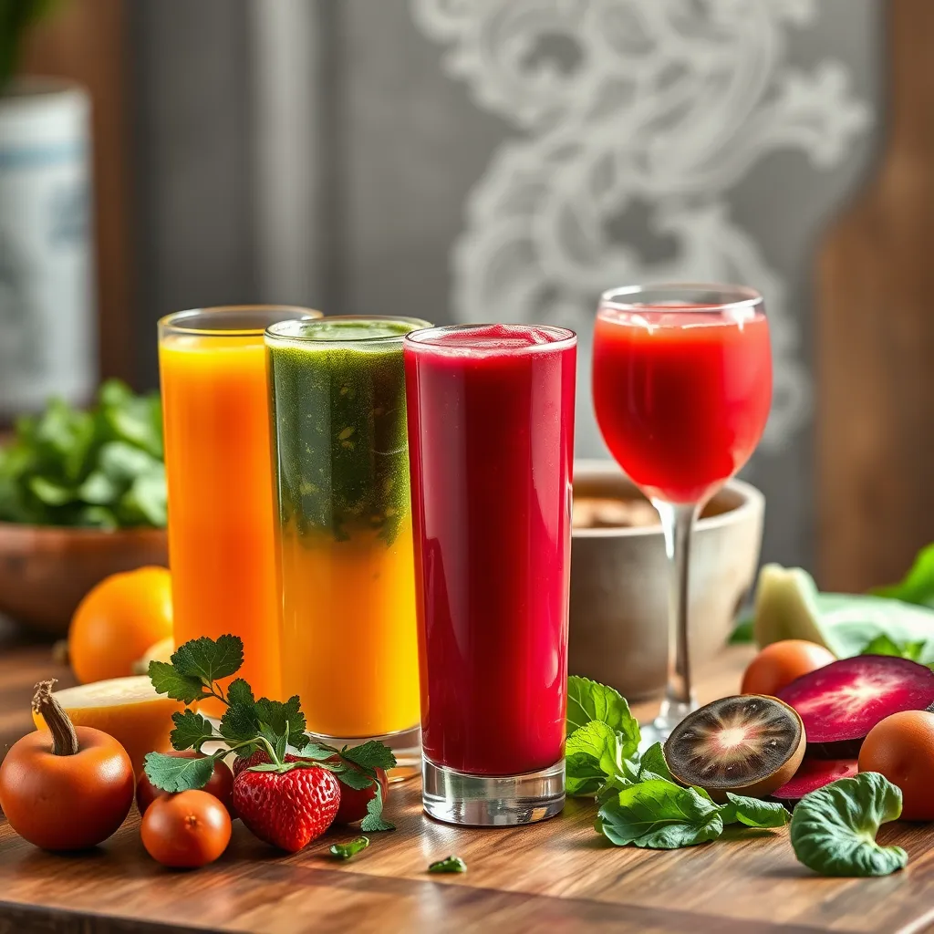 A photorealistic image of a colorful array of fresh juices in tall glasses, displayed on a wooden table. Include a bright orange carrot juice, a rich green spinach juice, and a vibrant red beet juice, with fresh fruits and vegetables scattered around, and a steaming bowl of mushroom soup in the background.