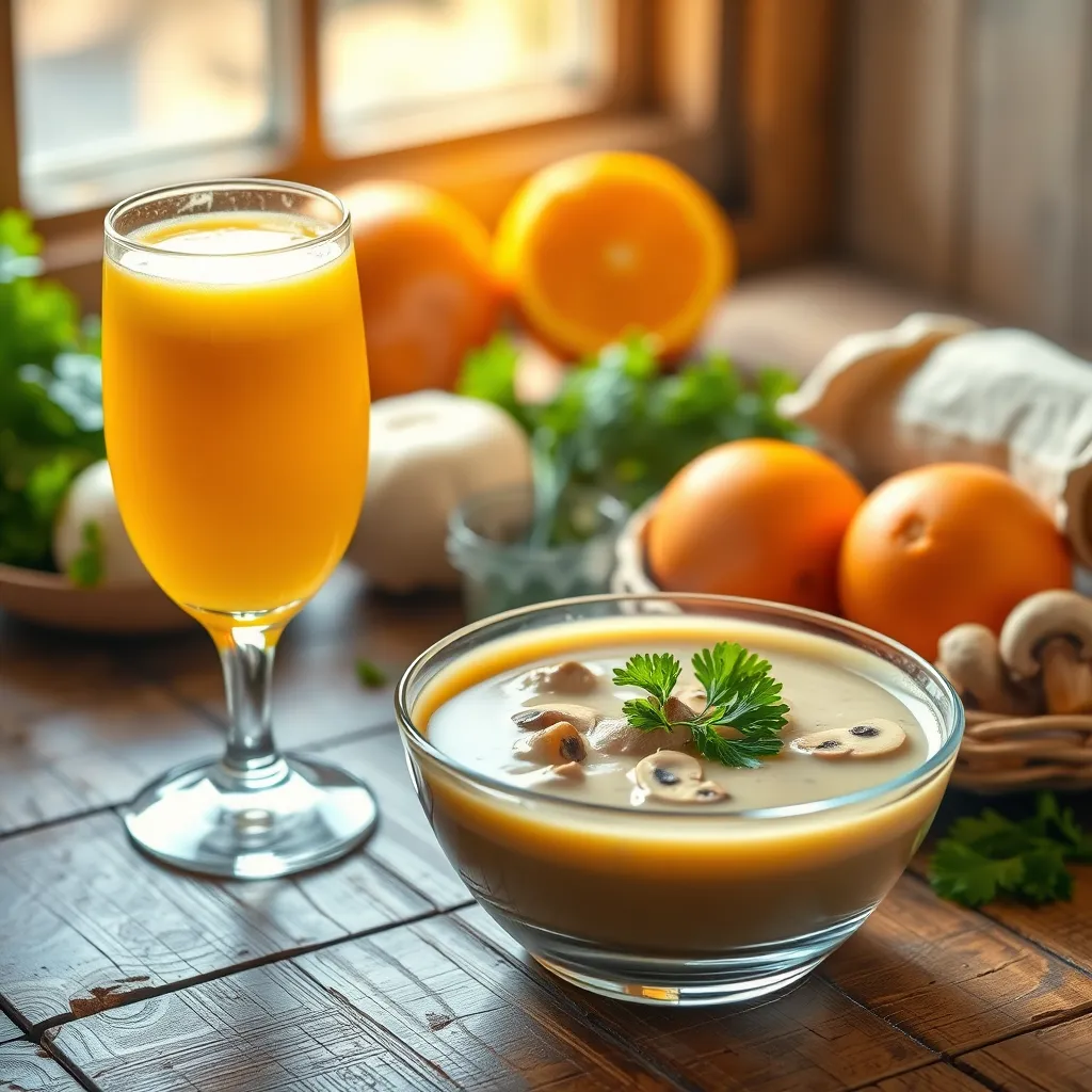 A photorealistic image showcasing a vibrant glass of fresh orange juice beside a steaming bowl of creamy mushroom soup, garnished with fresh parsley. The setting should be a rustic wooden table with sunlight streaming in, highlighting the fresh ingredients like mushrooms and oranges in the background.