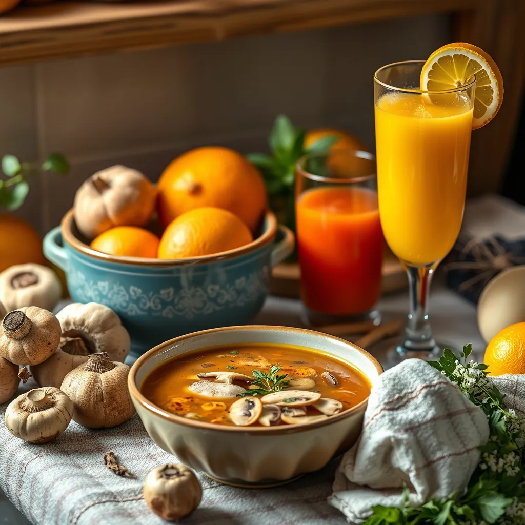 A seasonal display showing a cozy kitchen setting with a bowl of warming mushroom soup next to a chilled glass of fresh juice, surrounded by seasonal produce like mushrooms, citrus fruits, and herbs, evoking a sense of comfort and freshness.